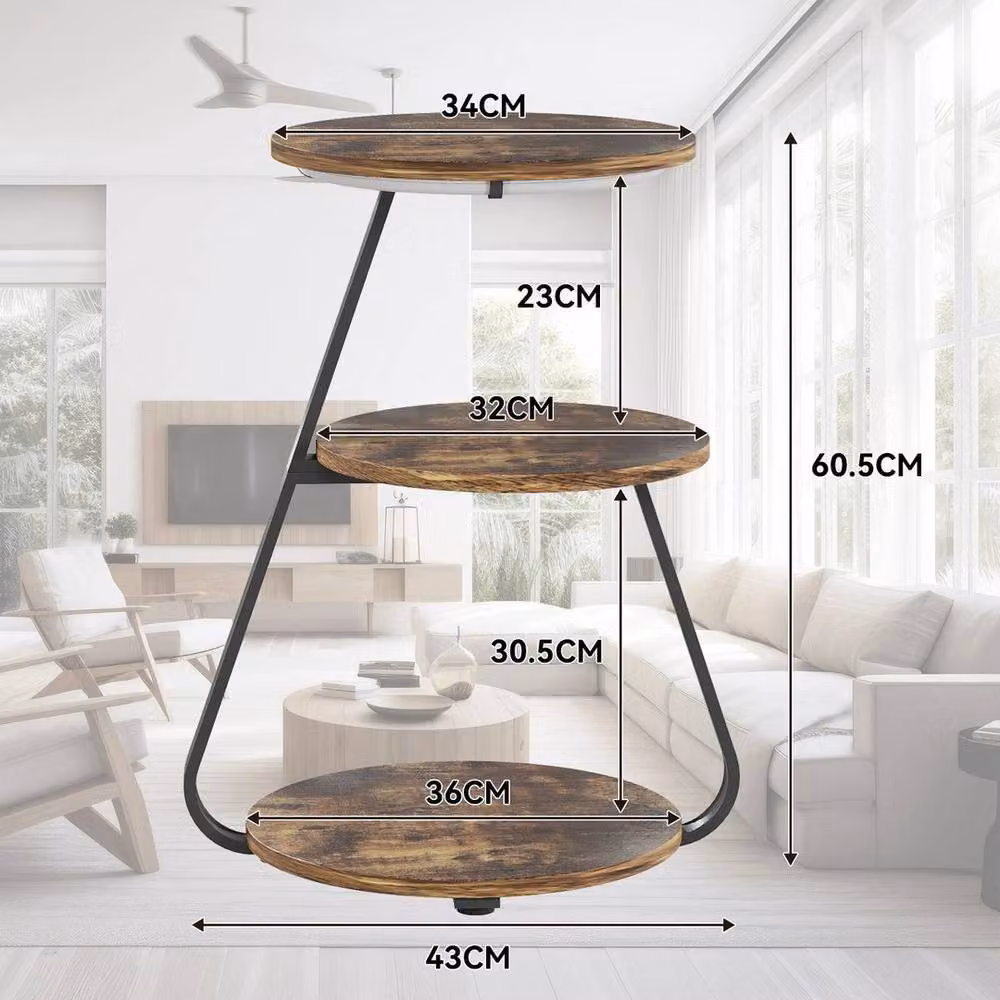 SPETLEK 3 Tier Round Small Sofa Side Table with LED Light in Brown – 2
