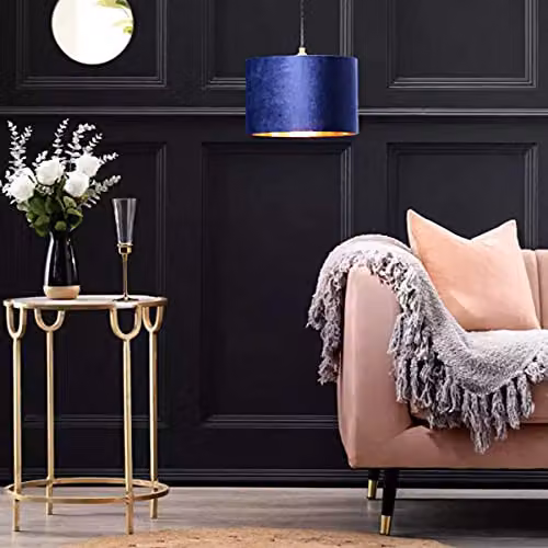 CGC Lighting Nila Luxury Navy Blue Velvet and Gold Inner Round Drum Pendant Ceiling Lampshade, Diameter: 30 cm – 2