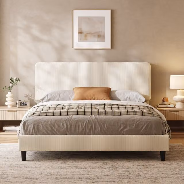 Yaheetech Modern Upholstered Bed Frame with Fabric Headboard in Beige and White