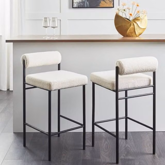 Wyld and Coco Set of 2 Armless Bar Chairs with White Boucle Upholstery and Black Metal Legs – 1