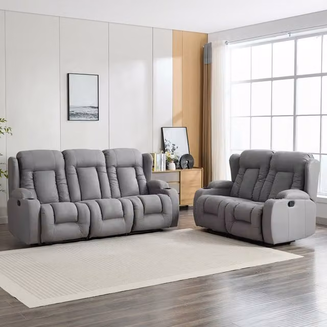 More4Homes Caesar 2 and 3 Seater Manual Recliner Sofa Set in Grey Fabric with Cup Holders