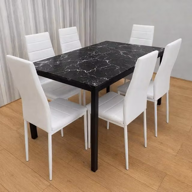 KOSY KOALA Modern Rectangular Glass Dining Table with 6 White Faux Leather Chairs, Black and White