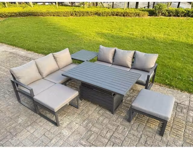 Fimous 6-Piece Powder Coated Aluminium Outdoor Sofa Set in Dark Grey with Upholstered Cushions, 3-Seater Sofa, 2-Seater Sofa, Ottoman and Coffee Table