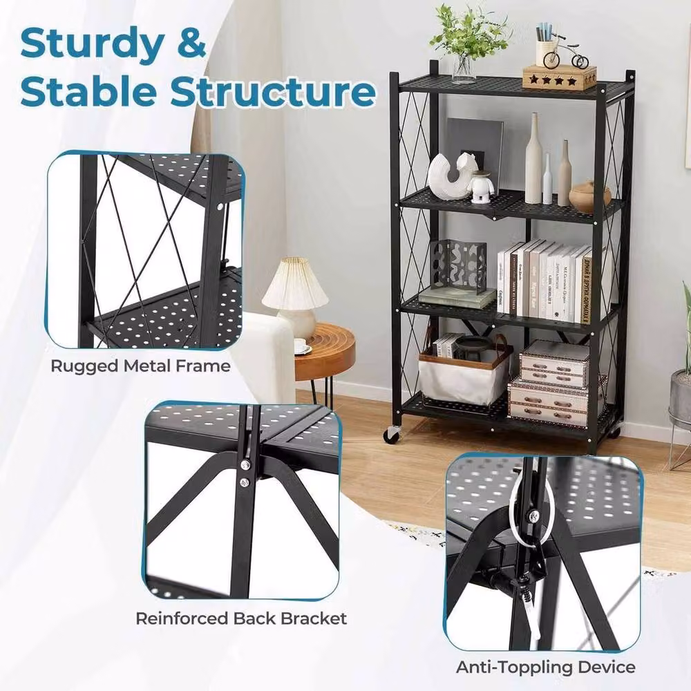 KORVIXA 4-Tier Foldable Metal Storage Shelf in Black, W/D/H: 100 x 100 x 126 cm – 4