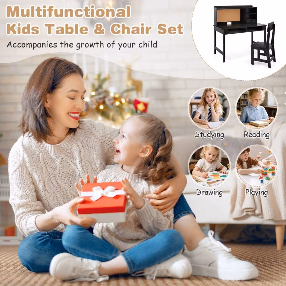 CASART Kids Wooden Study Table and Chair Set with Hutch and Shelves in Black – 6