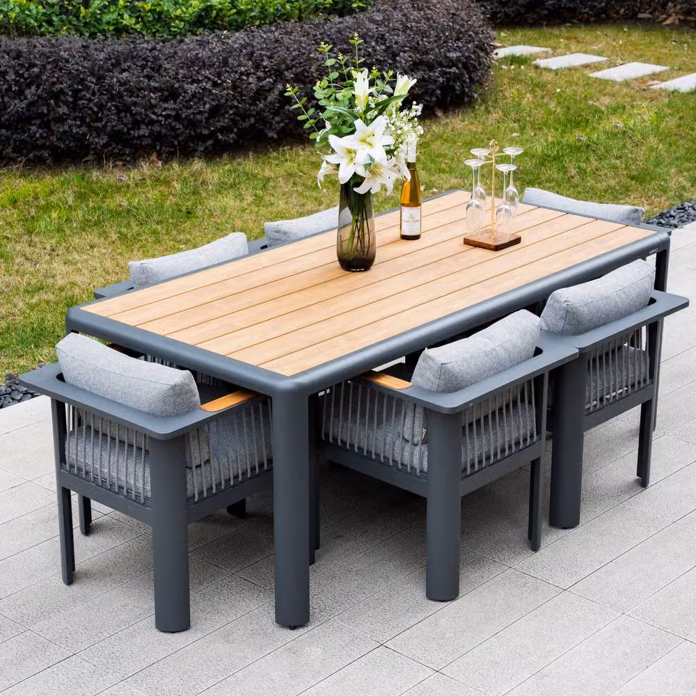 MIMO Grey Powder Coated Aluminium Outdoor Garden Dining Set with 6 Chairs and Teak Armrests – 6