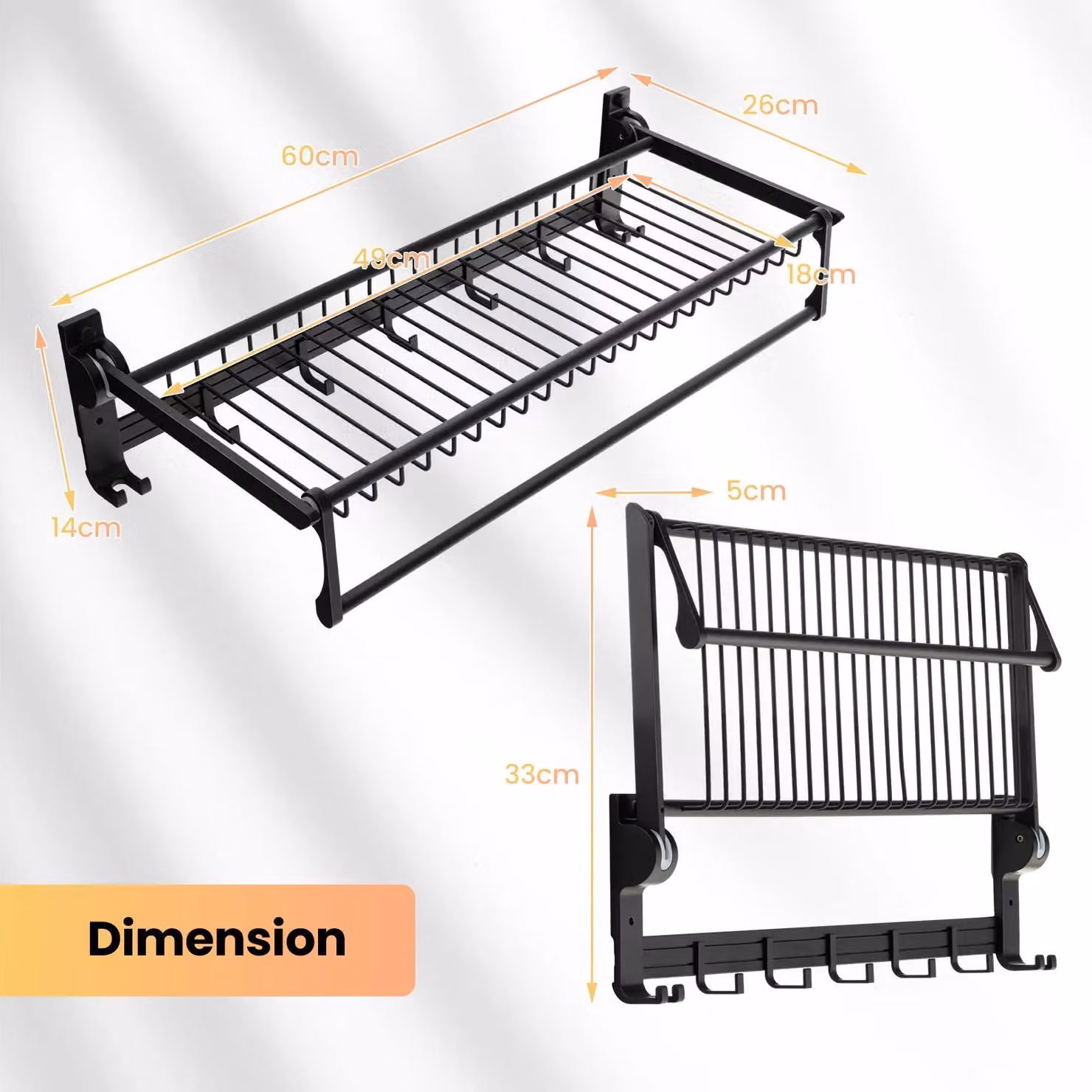 Costway Foldable Wall Mounted Bathroom Towel Rack with Adjustable Bar and Hooks, Black, W: 104 cm, H: 119 cm – 2