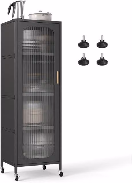 Gymax 5-Tier Metal Storage Cabinet in Matt Black with Wheels for Kitchen and Home Office