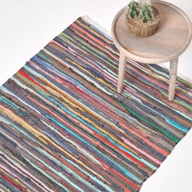 Homescapes Recycled Cotton Chindi Patchwork Woven Rug in Multicolour and Pink, Rectangular