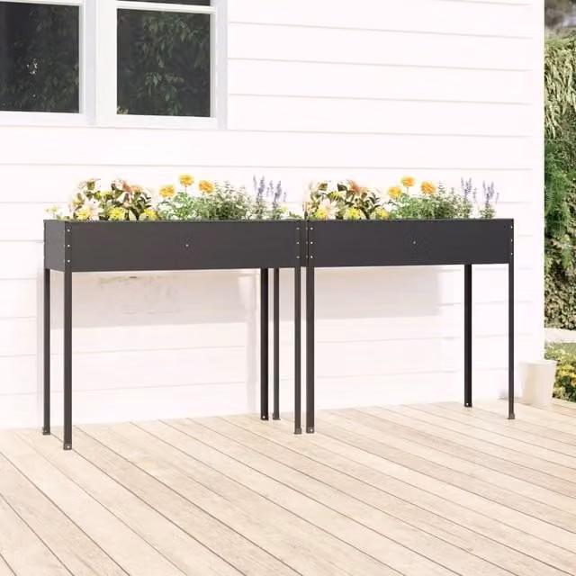 Berkfield Home Garden Anthracite and Black Galvanised Steel Planters, Set of 2