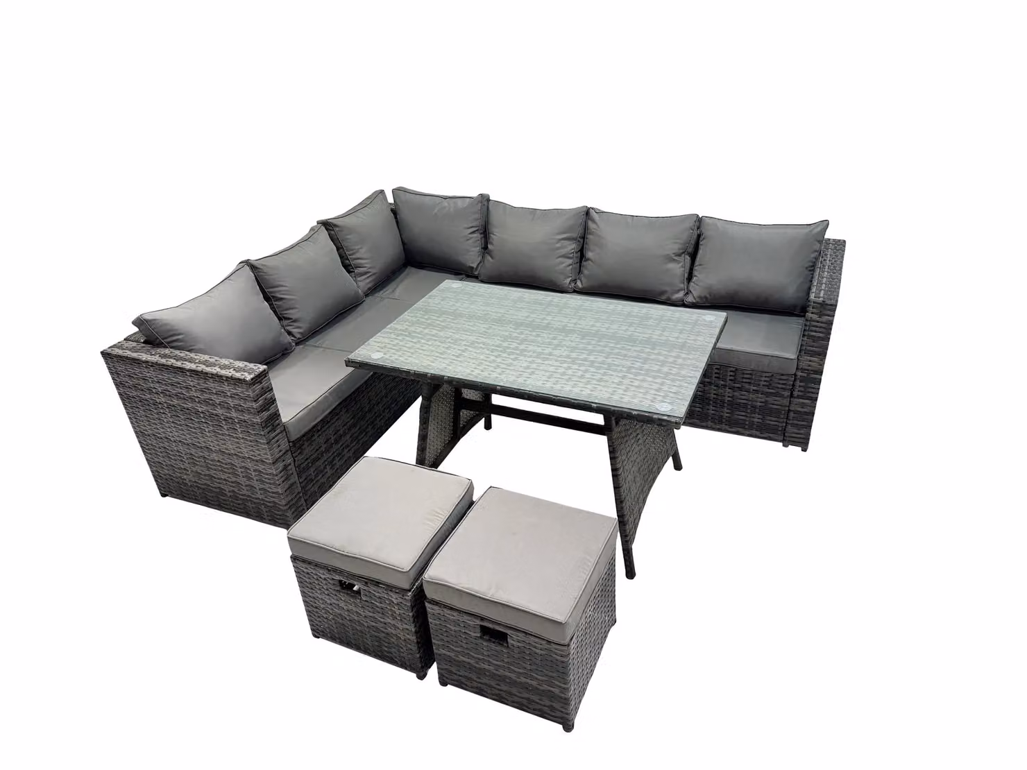 Fimous 8 Seater Rattan Garden Outdoor Corner Sofa Set with Rectangular Dining Table and Small Footstools in Dark Mixed Grey – 2