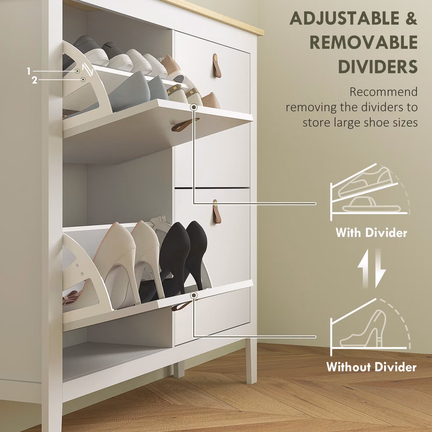 HOMCOM Modern White Matt Freestanding Shoe Cabinet with Tilting Compartments and Open Shelf, H 105.0 x W 95.5 x D 23.0 cm – 3