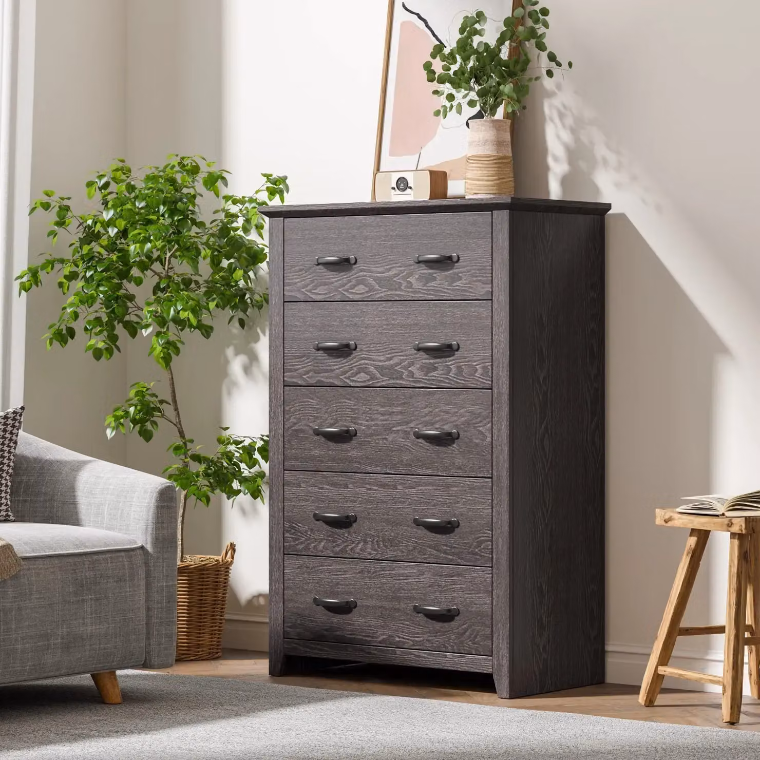 Costway 5 Drawer Vertical Wooden Chest of Drawers and Storage Organiser in Grey – 3