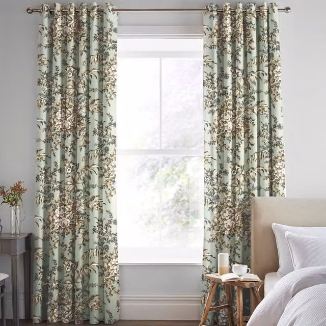 Laura Ashley Picardie Made to Measure Blackout Eyelet Fabric Curtain in Amber and Green with Floral Design