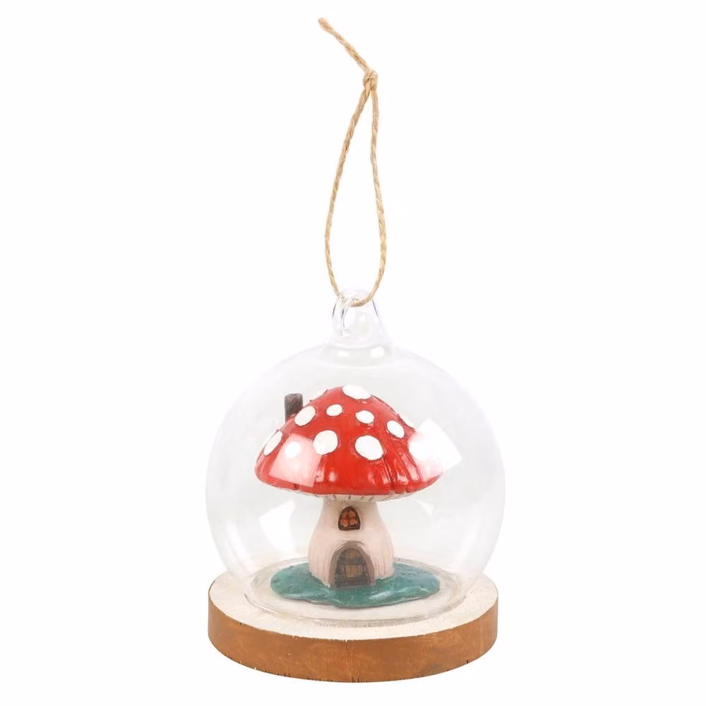 Uniqueful Mushroom House Glass Dome Hanging Pendant Decoration, Multicolour Red and Transparent – 3