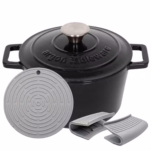 Argon Tableware Round Enamelled Cast Iron Casserole Dish with Self-Basting Lid, 2.8 l, Black