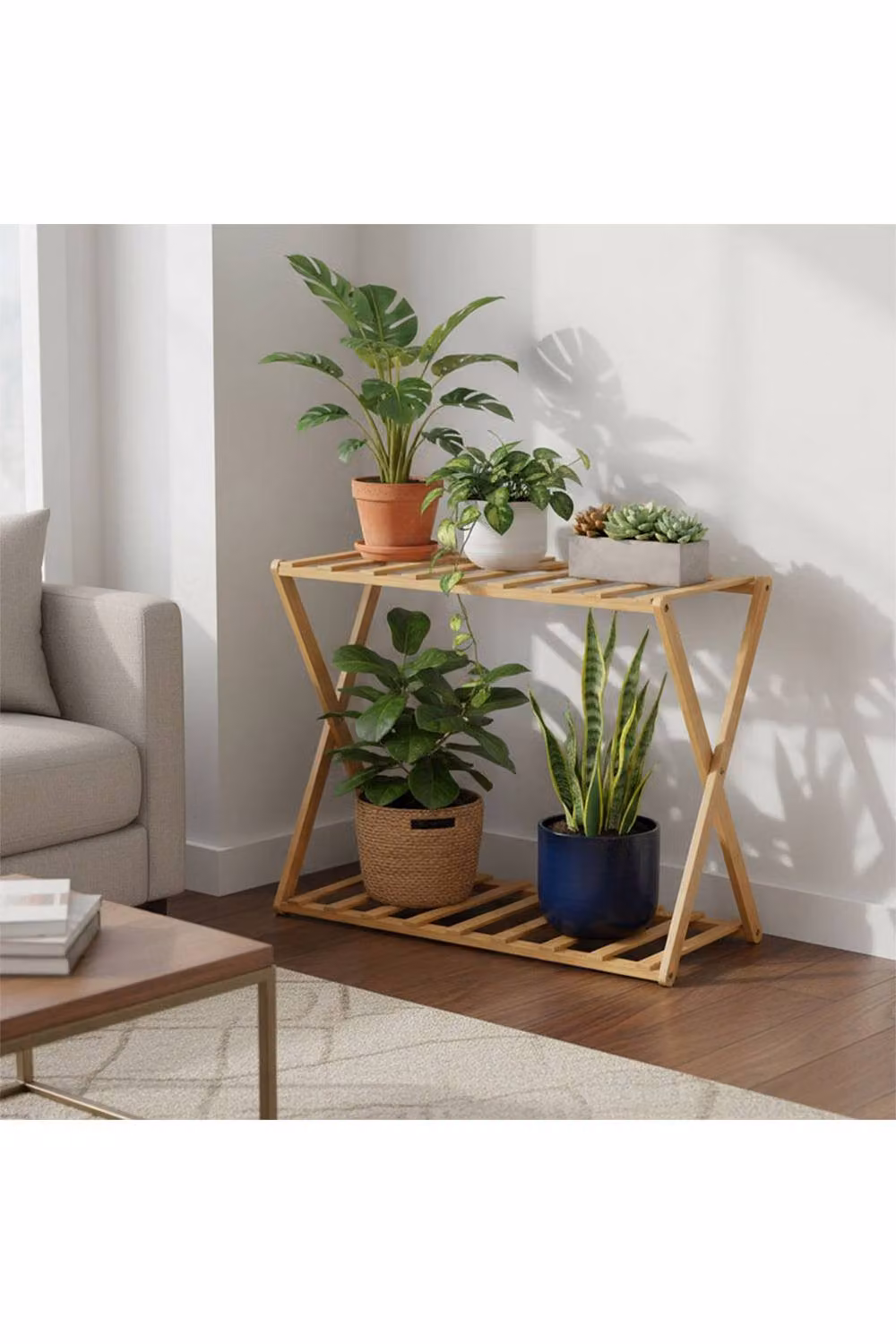 Living and Home 2-Tier Beige Bamboo and Wood Freestanding Shoe Rack – 2