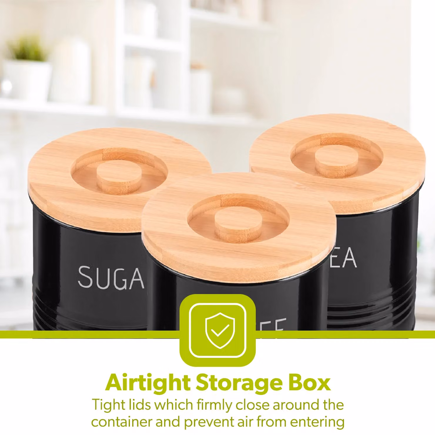 Royalford 3-Piece Airtight Metal and Bamboo Kitchen Storage Canister Set for Tea, Coffee and Sugar in Black – 2