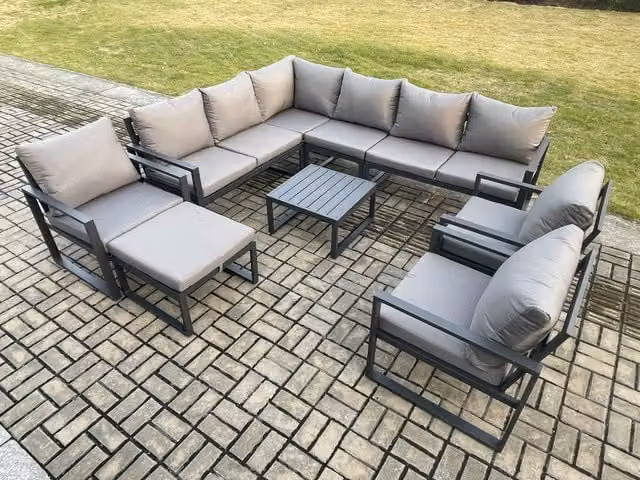 Fimous 10 Seater Aluminium Garden Furniture Set in Dark Grey, featuring an L-Shape Corner Sofa, 3 Chairs, Square Coffee Table and Large Ottoman