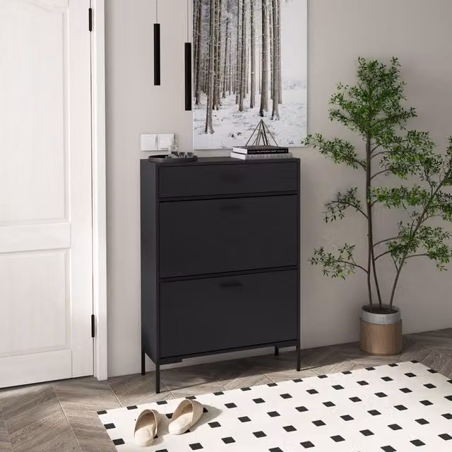 HOMCOM Modern Black Shoe Cabinet with 2 Tilting Compartments and Drawer