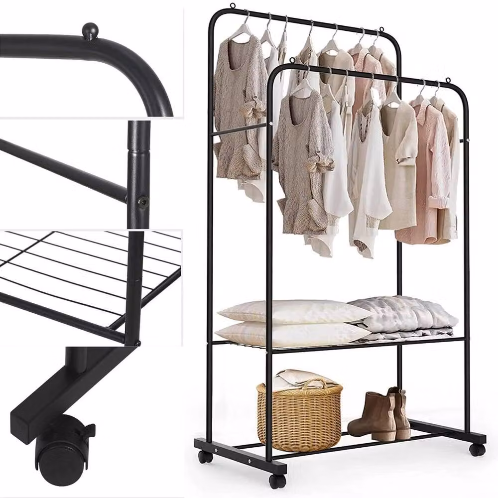 ERGOVEXA Double Clothes Rail Garment Hanging Rack with Open Corner Shelf in Matt Black – 2