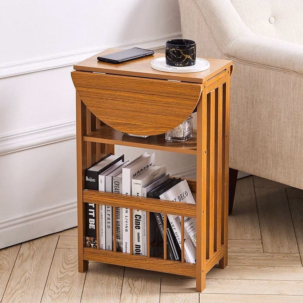 KORVIXA Drop Leaf Design Side Table with Magazine Rack in Natural Brown and Beige – 3