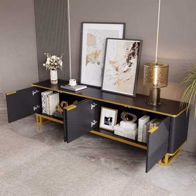 BTM Modern Geometric TV Cabinet and Lowboard Storage Unit in Black Matt