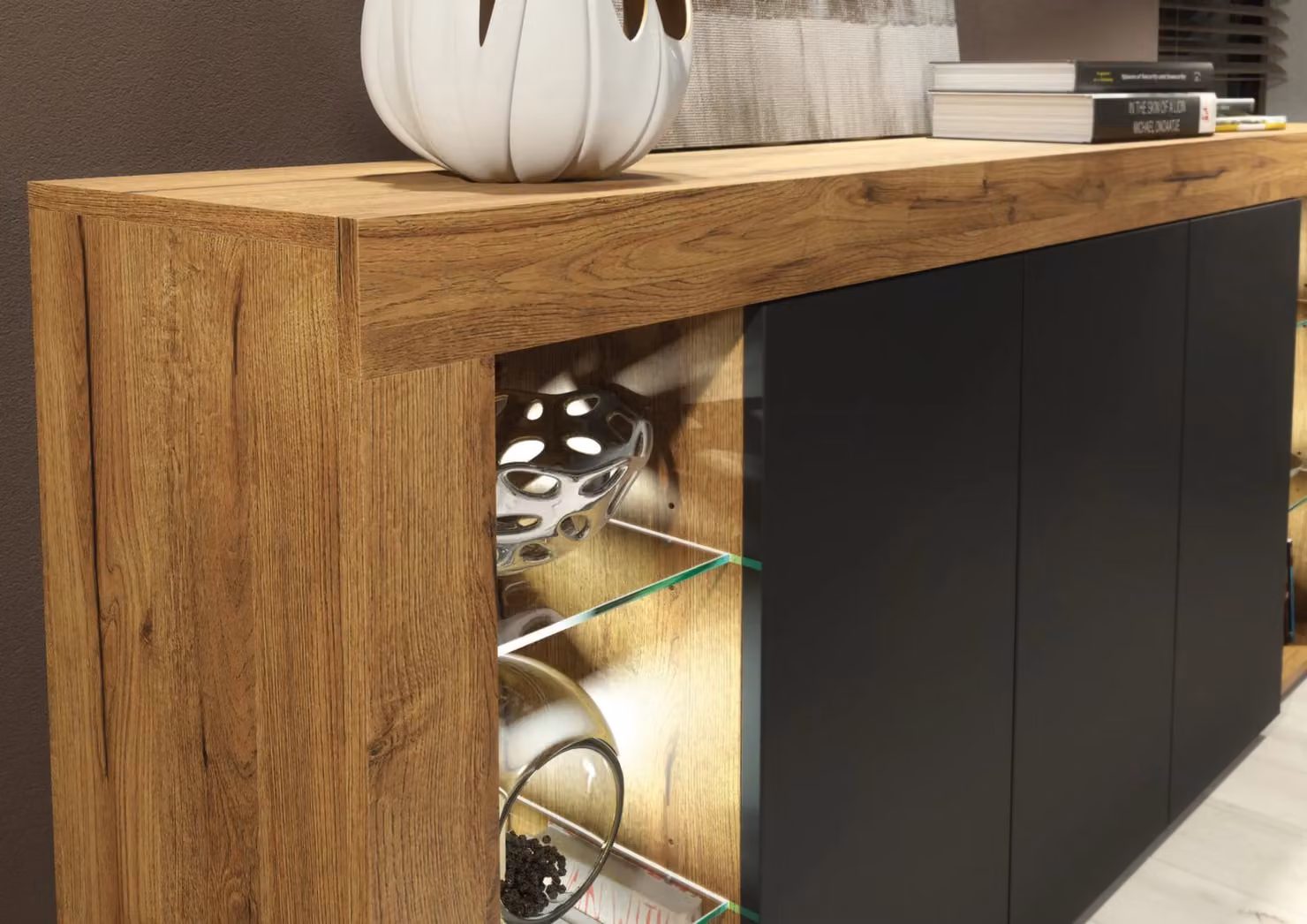 Creative Furniture Eden Sideboard in Brown and Black with Glossy Doors and Integrated Lighting, W: 164 cm – 3