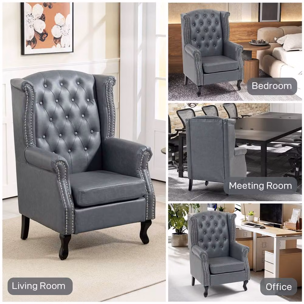 STILVORA Chesterfield Armchair with Grey Faux Leather Upholstery and Solid Wood Frame – 6
