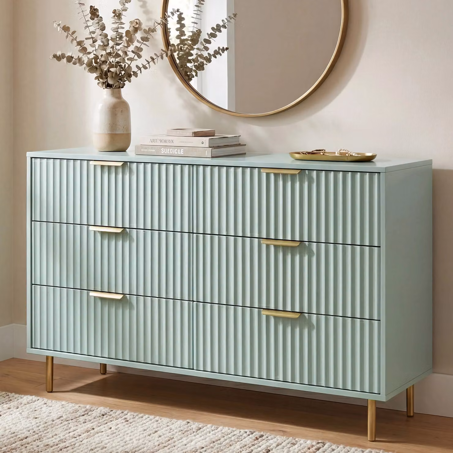 DHS Flutrina 6 Drawer Wide Chest of Drawers Bedroom Dresser in Sage Green, W: 120 cm, D: 40 cm, H: 62 cm