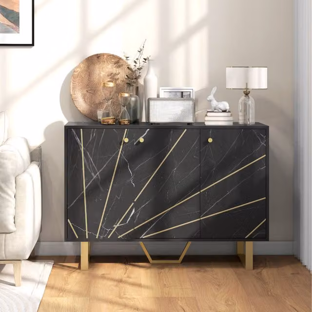 HOMCOM Black and Gold Geometric Sideboard Storage Cupboard with Metal Legs for your Living Room or Kitchen
