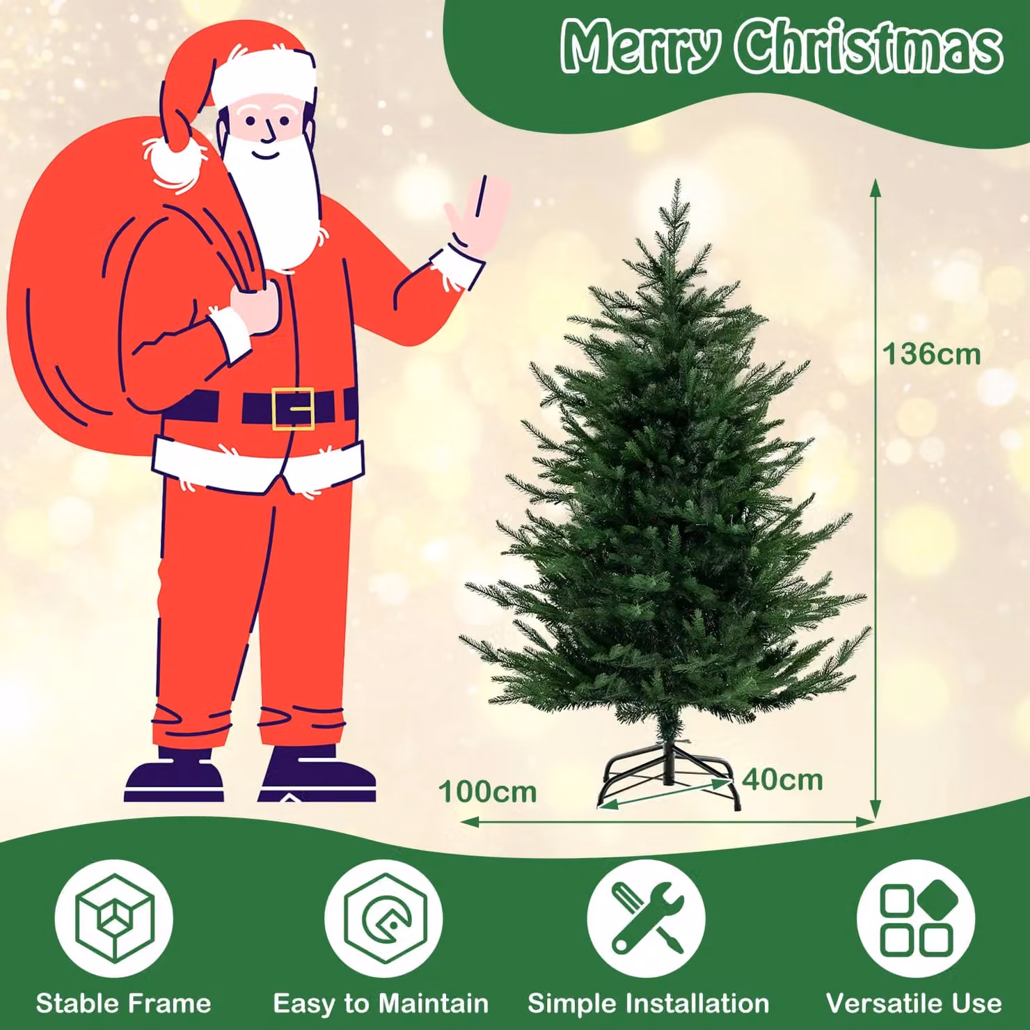 Gymax 136 cm Green Artificial Christmas Tree with 180 Warm White LED Lights – 2