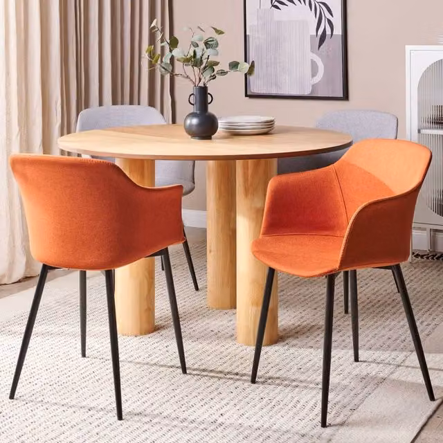 Wyld and Coco Set of 2 Orange Fabric Upholstered Retro Dining Chairs with Black Metal Legs