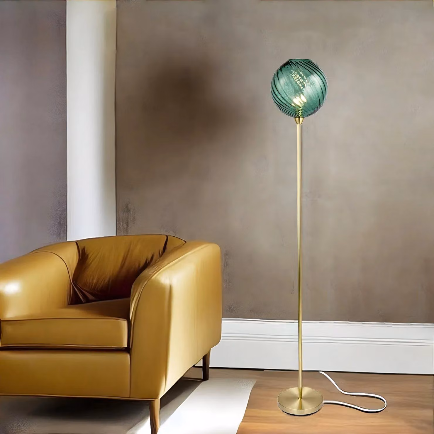 Happy Homewares Designer Chic Floor Lamp with Brushed Metal Base and Green Glass Shade – 3