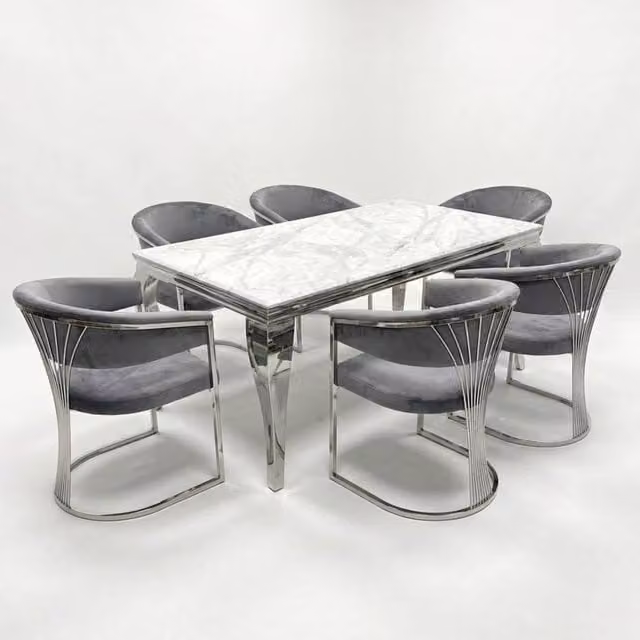 Home Luxe Interior Grey Marble and Silver Rectangular Dining Table with 6 Porado Grey Chairs, Width: 160 cm – 1
