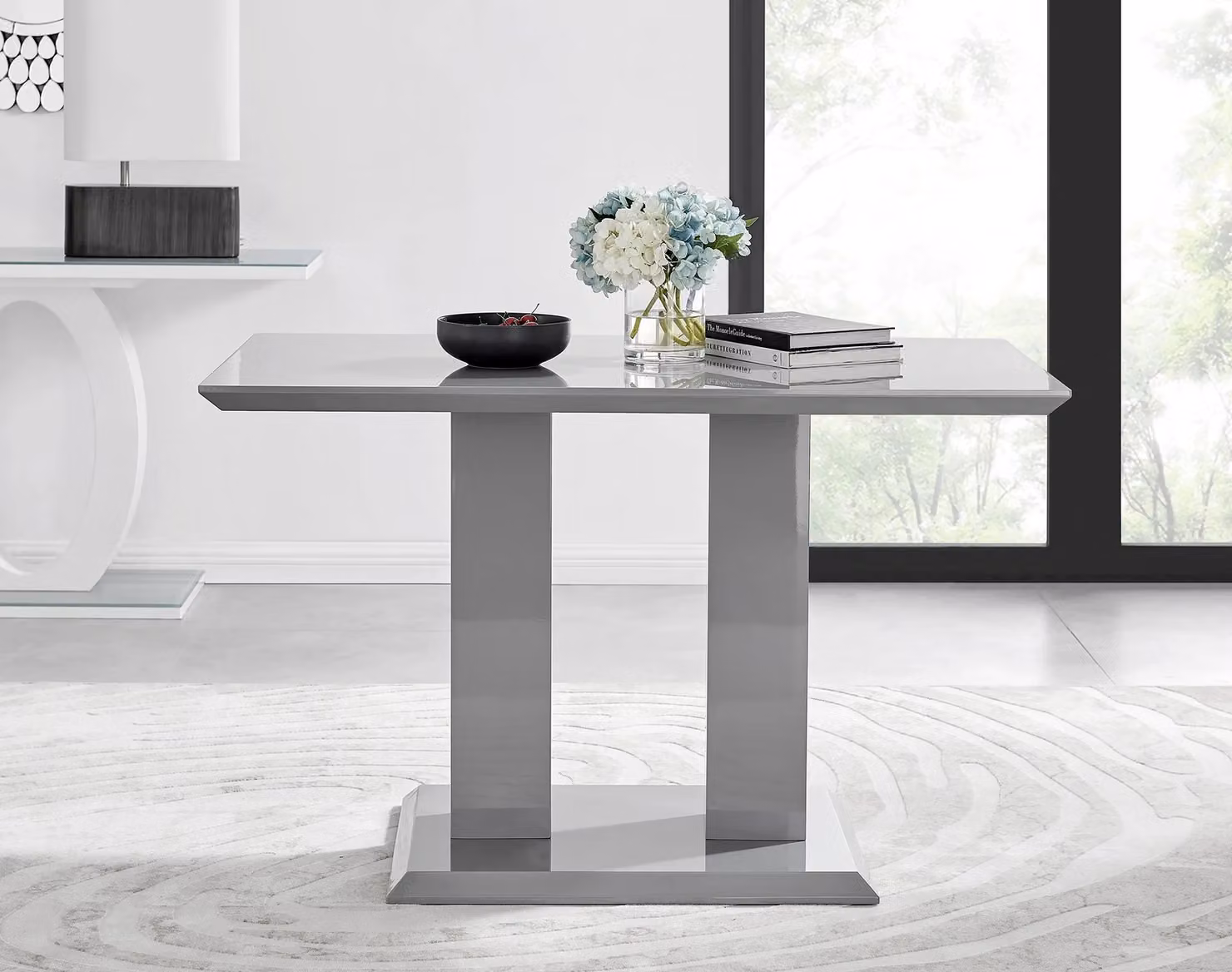 FurnitureboxUK Imperia Grey High Gloss 4 Seater Dining Table with 4 Black Faux Leather Milan Chairs with Silver Legs – 2