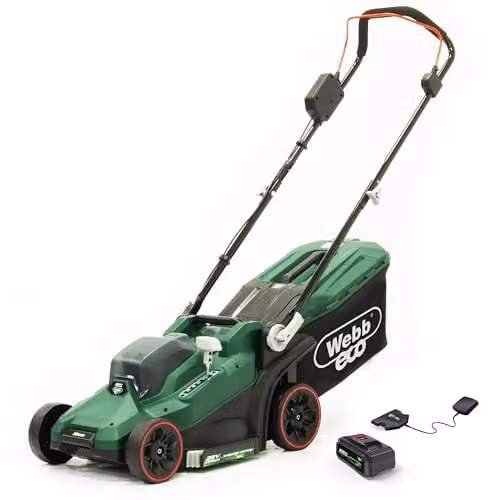 Webb Eco 20V Green Brushless Cordless Lawnmower with 33cm Cutting Width, 35L Collector and Rechargeable Battery and Charger – 1