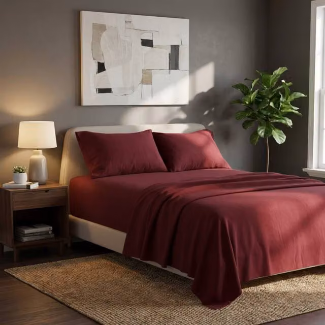 Snug City Red Plain Brushed Cotton Flannelette Fitted Sheet, Flat Sheet and Pillowcase Set, Single, W: 90 cm, L: 200 cm – 1