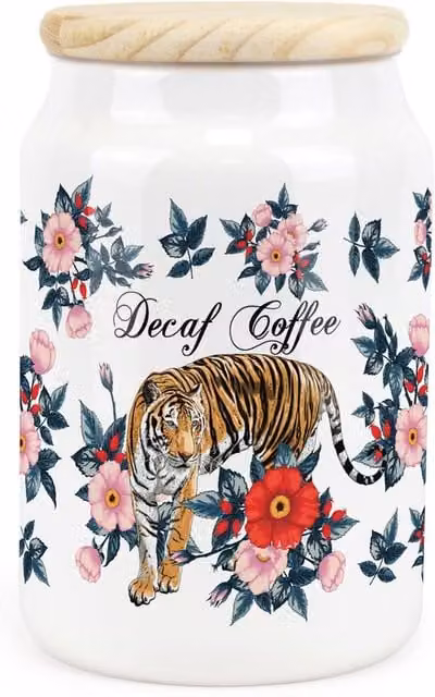 Purely Home Floral Tiger Ceramic Decaf Coffee Storage Canister in Pink and White