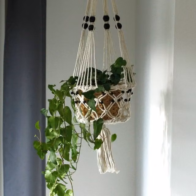 KDMK Large Single Beaded White Macrame Hanging Pot Holder