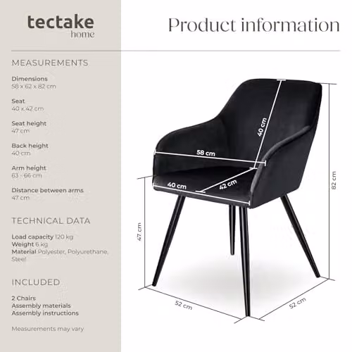 tectake Set of 2 Black Velvet Dining Chairs with Armrests and Metal Legs – 2