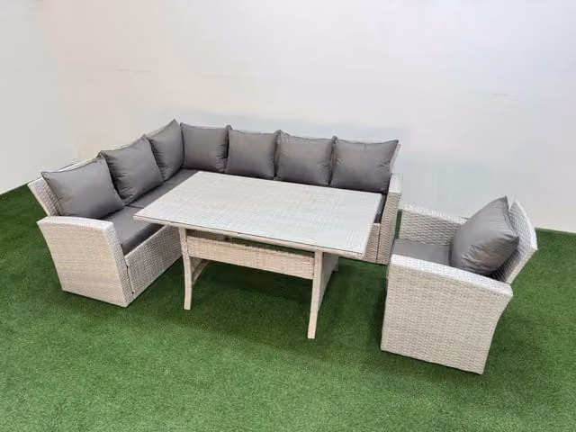 Fimous 7 Seater Rattan Garden Furniture Set with Rectangular Glass Dining Table and Chairs in Light Grey