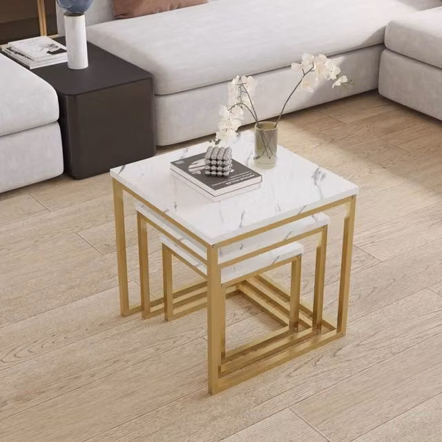 VOGREX Set of 3 Square Nesting Tables with White Marble Effect MDF Tops and Golden Metal Frames – 1