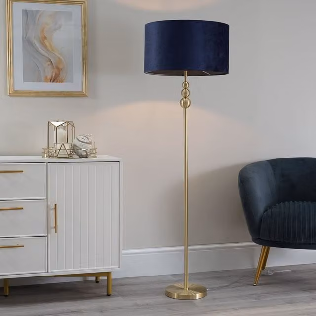 ValueLights Marissa Stacked Floor Lamp with Blue Velvet Drum Shade and Bulb in Gold/Brass