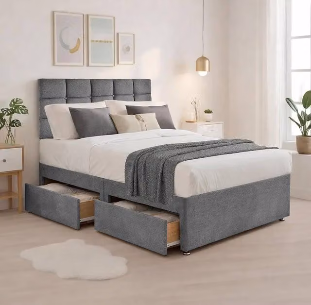 Bed Time UK Plush Divan Bed with Mattress, 20" Cubic Headboard and 2 Drawers in Grey, W/D/H: 140 x 200 cm