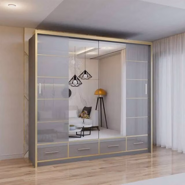 Sliding Wardrobes 4U Modern High Gloss Sliding Wardrobe with LED Light, Grey and Gold, W: 203 cm, H: 220 cm – 1