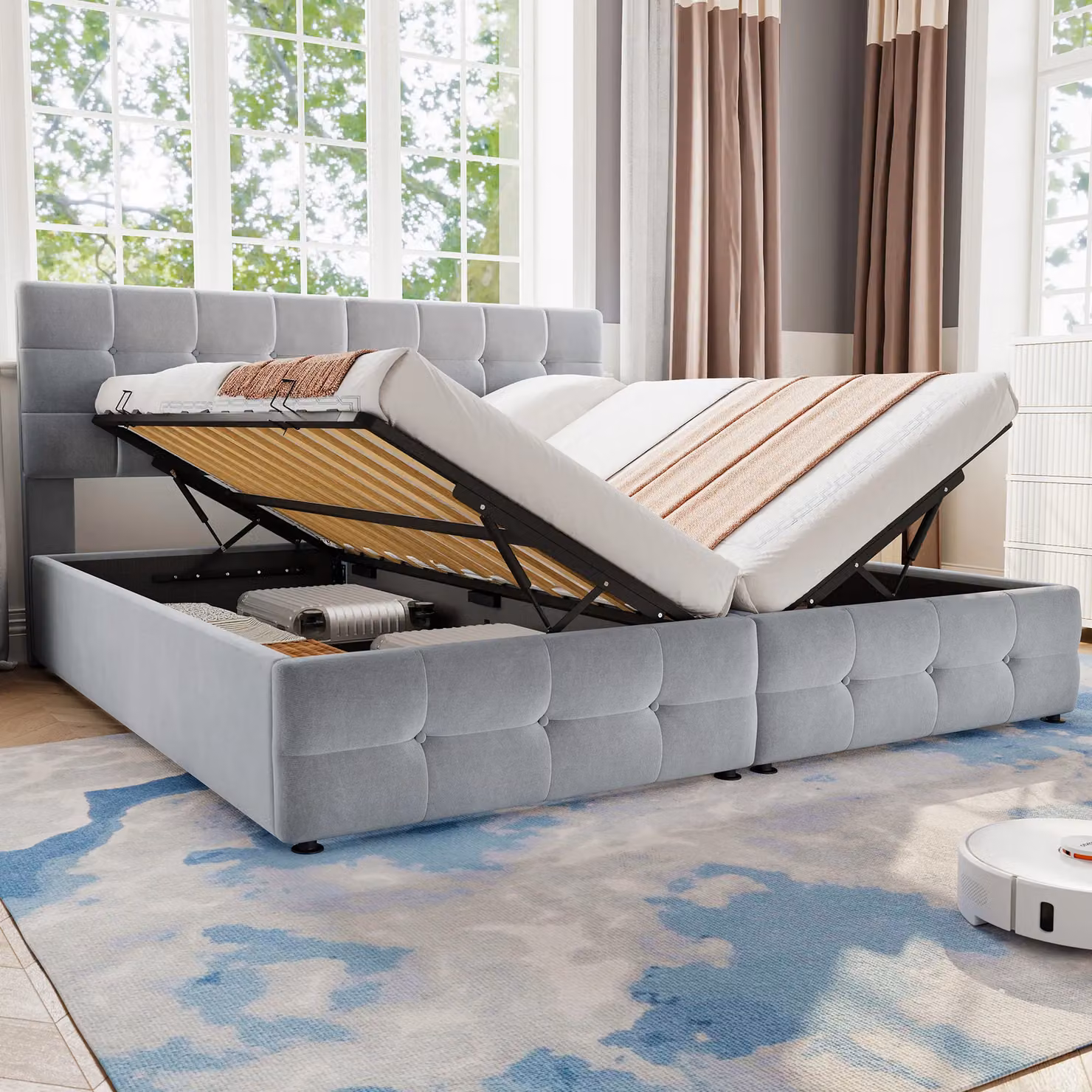 Matteo Grey Upholstered Hydraulic Double Bed with Velvet Fabric and Lift Up Base, W/D/H: 180 x 190 cm – 2
