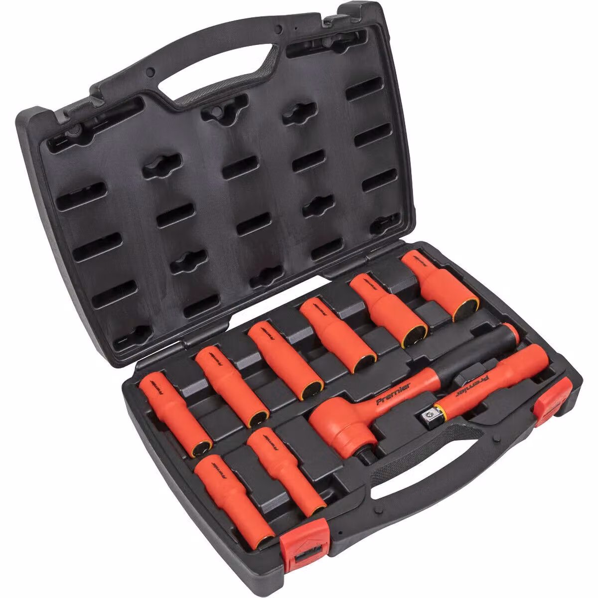 Loops 10-Piece VDE Insulated Socket and Ratchet Handle Set, 1/2 Inch Square Drive, 6-Point Metric, Red and Multicolour – 4