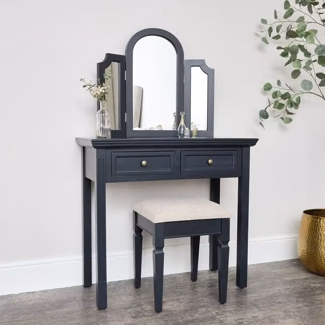 Melody Maison Daventry Large Dressing Table, Mirror and Stool Set in Navy Blue and Black – 1