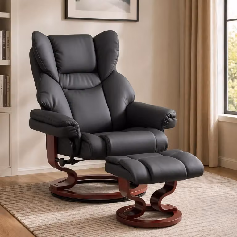 DHS Black and Grey PU Leather Swivel Recliner Armchair with Integrated Footstool